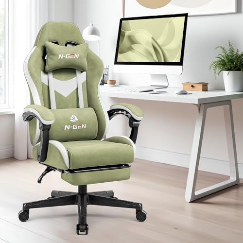 N-GEN GAMING Video Gaming Chair with Footrest Lumbar Support for Home Office High Back Recliner Height Adjustable Ergonomic Comfy Fabric Computer Desk Chair (Green)