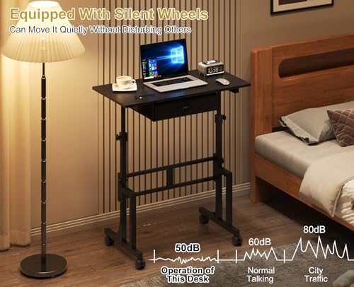 Adjustable Height Standing Desk With Drawer, Rolling Sit Stand Up Desk With Wheels, Small Sit To Stand Computer Desk, Adjustable Desktop Height, On Wheels, Black, For Walking Pad Laptop Treadmill Cidaziya