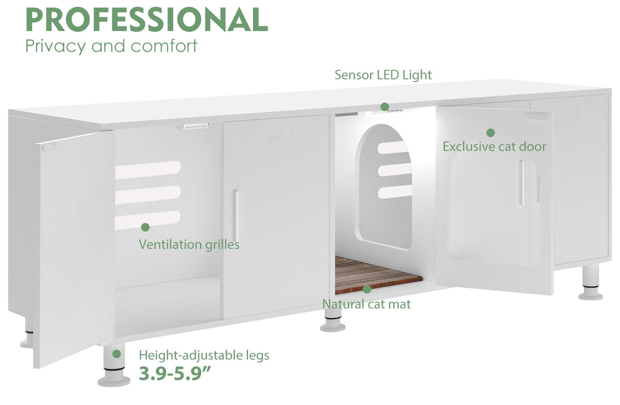 Amunrbrek Double Litter Box Enclosure, Litter Box Enclosure for 2 Litter Boxes, Modern Litter Box Furniture for 2 Cats, with Cat Door & Motion Light (White) amunrbrek