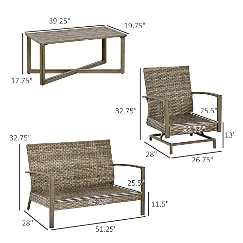Outsunny 4 Piece Wicker Patio Furniture Set with 2 Rocking Chairs, Loveseat Sofa, Outdoor PE Rattan Conversation Set with Cushions, Aluminum Table for Porch, Poolside, Light Gray Outsunny