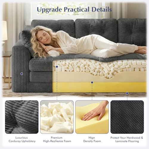 Homkdom Convertible Folding Sofa Bed, 2 in 1 Pull Out Loveseat Sleeper Sofa, Corduroy Futon Couch with Pillows, Tri-Fold Couch for Small Space Living Room Lounge, Space-Saving, Portable, Grey Homkdom