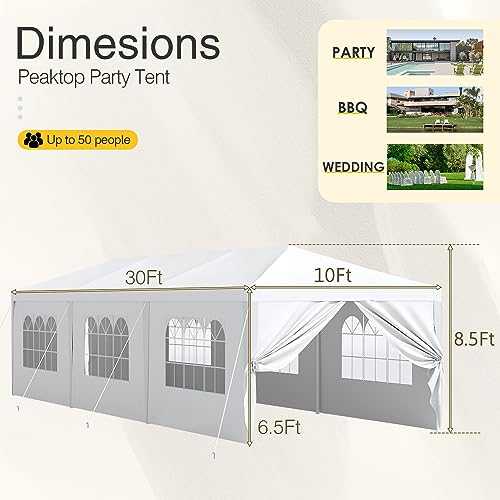 Greesum 10x30 Outdoor Canopy Tent Patio Camping Heavy Duty Gazebo Shelter Party Wedding BBQ Events with Side Removable Walls, Waterproof Shelter, White Greesum