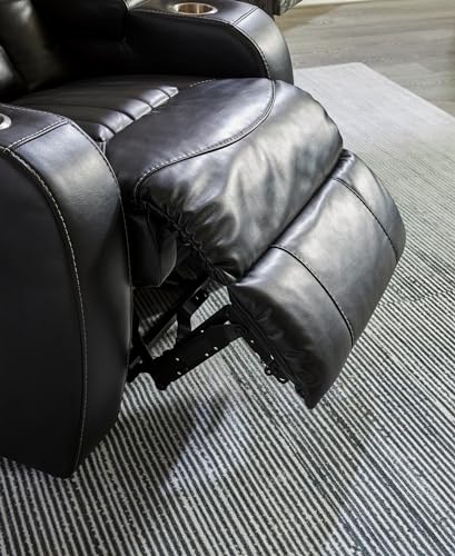 Signature Design by Ashley Caveman Den Modern Faux Leather Power Reclining Sofa with Adjustable Headrest, Drop Down Table, Electrical Outlets and LED Reading Lights, Black Signature Design by Ashley