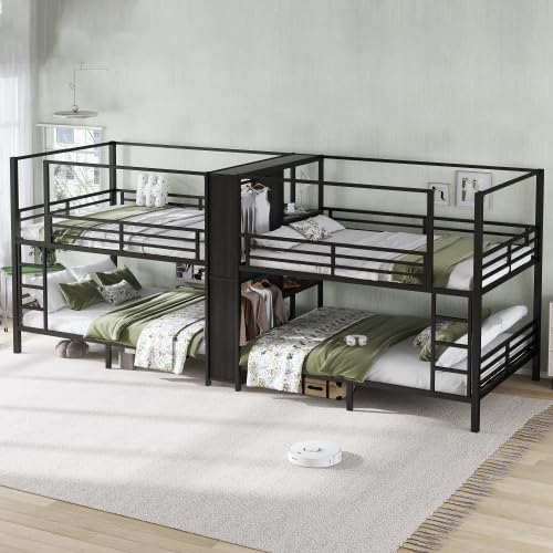 Queen Size Quadruple Metal Bunk Bed with Wardrobe & Storage Shelves, Quadruple Metal Bunk Bed Frame with Noise-Reduced Design (Black/Queen) MERITLINE