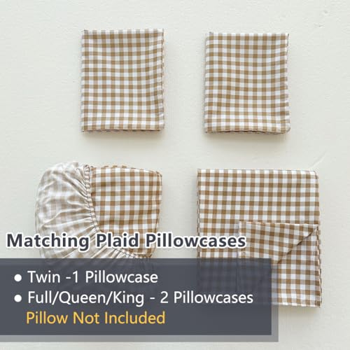 NSNLGSGC Tan Gingham Full Sheet Set, Soft Brushed Microfiber Taupe Plaid Full Bed Sheets, 4-Pieces Brown Grid Sheet Set with Deep Pocket NSNLGSGC