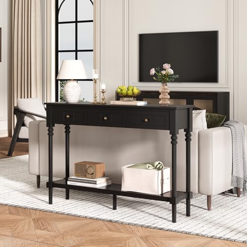 JOINICE Console Tables with Drawers,43" Entryway Table with Shelf and Solid Wood Legs,Narrow Long Sofa Table with Storage, Wood Foyer Tables for Entryway,Living Room,Hallway,Black JOINICE