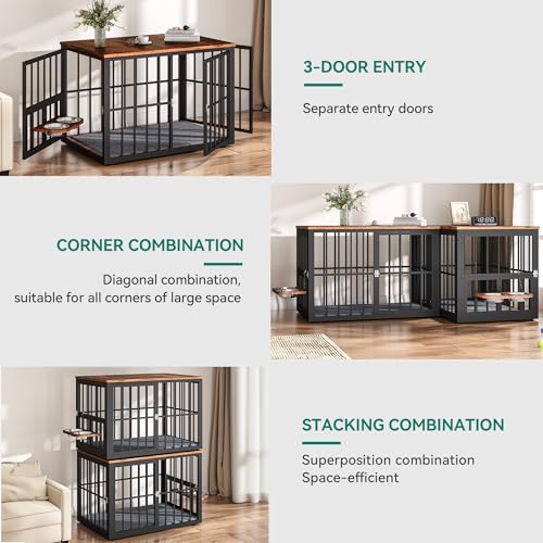YITAHOME 88.6" Large Corner Dog Crate Furniture for 2 Dogs, Large Wooden Dog Kennel with Dog Bowls & 3 Doors, Large Double Dog Crate Furniture TV Stand for Medium Large Dogs, Brown YITAHOME