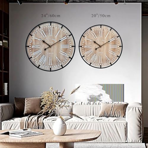 24 Inch Grand Farmhouse Wall Clock, Vintage-Inspired Wood & Metal Design with Large Etched Numbers, Silent Battery-Powered Timepiece for Offices, Kitchens, Bedrooms, and Living Rooms MICWIC