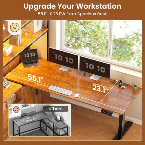 SEDETA 56.7" L Shaped Standing Desk, Reversible Computer Office Desk with Drawers & Hutch, Stand Up Corner Gaming Desks with LED Lights & Power Outlets for Home Office, Rustic Brown SEDETA