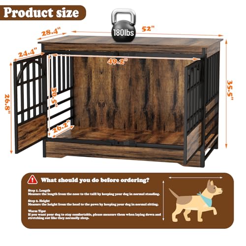 COZPAW 52 Inch Dog Crate Furniture, Extra Large Dog Kennel Indoor for XLarge Breed, Heavy Duty Dog Cage with Double Elegant Arched Doors, Decorate as TV Stand & End Table-Retro Brown COZPAW