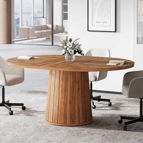 Tribesigns Oval Conference Table, 55.11 Inches Wood Meeting Table for 6 People, Rustic Meeting Seminar Boardroom Table with Wood Base for Office Conference Room (Brown) Tribesigns