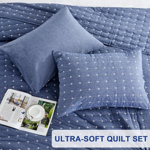 ENJOHOS Blue 100% Cotton Linen Twin Quilt Set, Twin Bedspread Coverlet, Twin Size Quilt Bedding Set, Reversible Lightweight Bed Quilt with Shams for Girl Boy Kid (2 Pieces, 68"x86") ENJOHOS