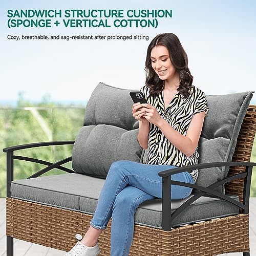 YITAHOME 4-Piece Patio Furniture Wicker Outdoor Bistro Set, All-Weather Rattan Conversation Loveseat Chairs for Backyard, Balcony and Deck with Soft Cushions and Metal Table (Light Brown+Gray) YITAHOME