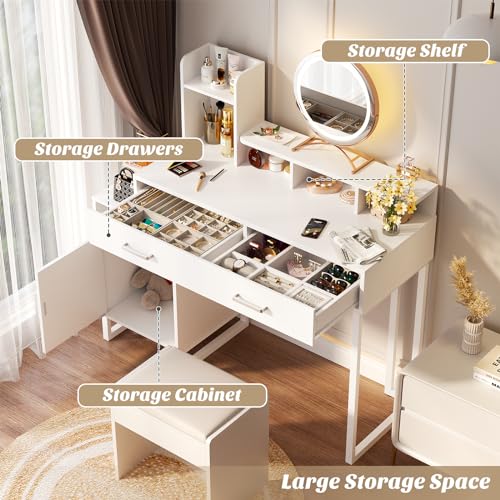 Besiost Vanity Desk, Small Vanity Desk with Power Outlet, Makeup Desk with Drawers and Cabinets, Vanity Set with Storage Shelves for Bedroom, No Mirror, White Besiost
