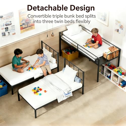 Mixcous Triple Bunk Bed Twin XL Over Twin & Twin - Convertible to 3 Beds, Heavy Duty Metal Frame with Adjustable Ladder, Noise-Free & Anti-Wobble Design, Space-Saving for Teens & Adults, Black Mixcous