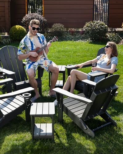 Serique Folding Adirondack Chair Wood Texture, Patio Chair Weather Resistant, Outdoor Chair, Lawn Chair with Cup Holder, Fire Pit Chair for Deck, Outdoor, Porch, Backyard, Garden (Grey) Serique