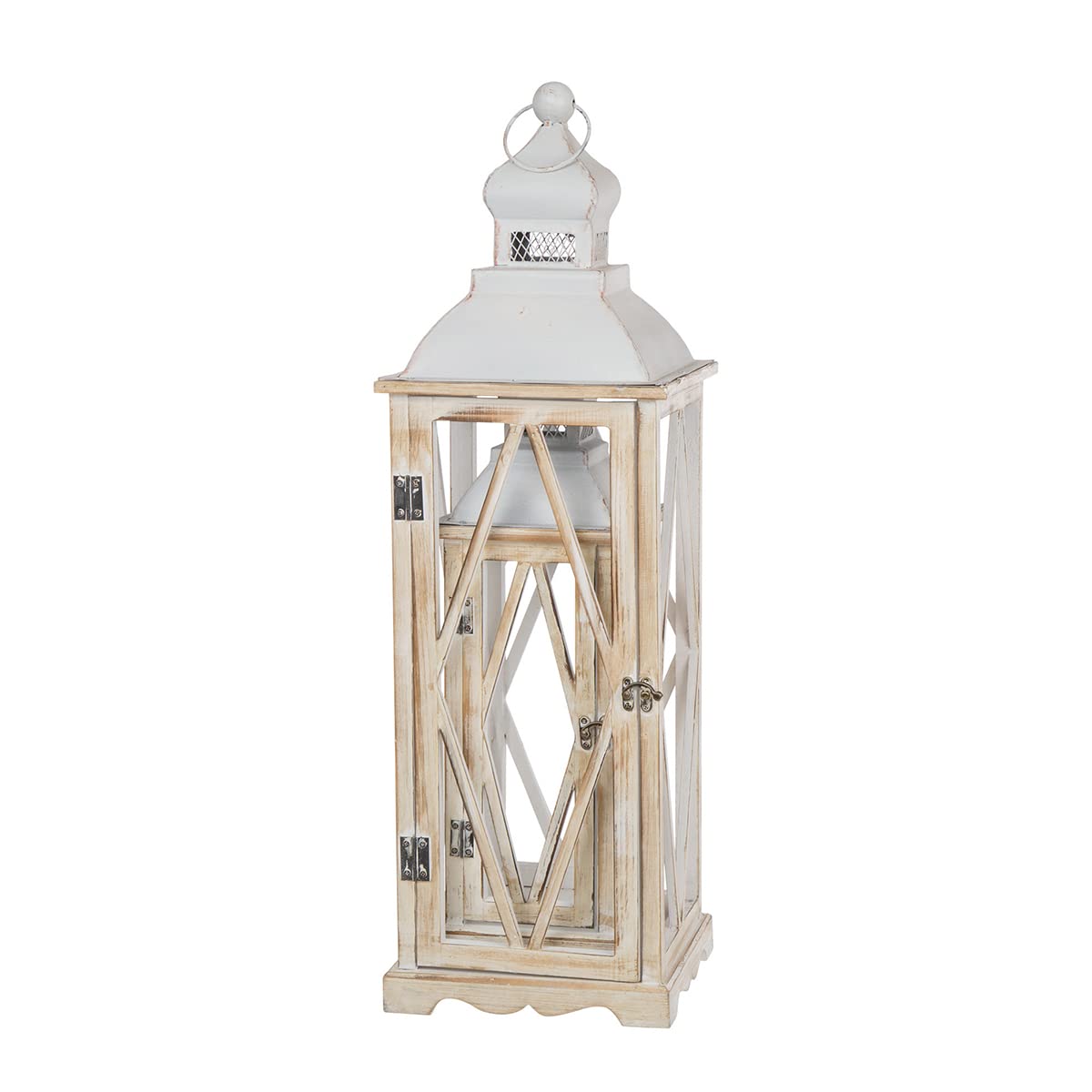 Glitzhome Large Farmhouse Wooden Metal Lantern Set of 2, 28.74" H/20.47" H Rustic Decorative Floor Candle Lanterns, Distressed Hanging Lanterns for Home Décor White (No Glass) Glitzhome