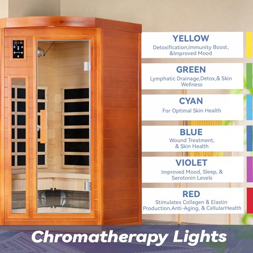 WOODBRIDGE Infrared Sauna Room 2 Person Japanese Cedar Indoor Corner Sauna with 7 Carbon Heaters, Red Light Therapy,Bluetooth Speaker,Intelligent Dual Control System,Tempered Glass,Exterior Brim Light WOODBRIDGE
