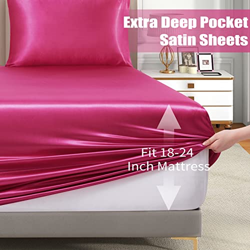 VACVELT 3pcs Extra Deep Pocket Satin Fitted Sheet Set Full Bed Set, Hot Pink Bottom Sheet Fit 18-24 Inch Deep Pocket Mattress, Silky Bedding Set Soft & Ultra Deep Fitted Sheet & 2 Pillowcase VACVELT