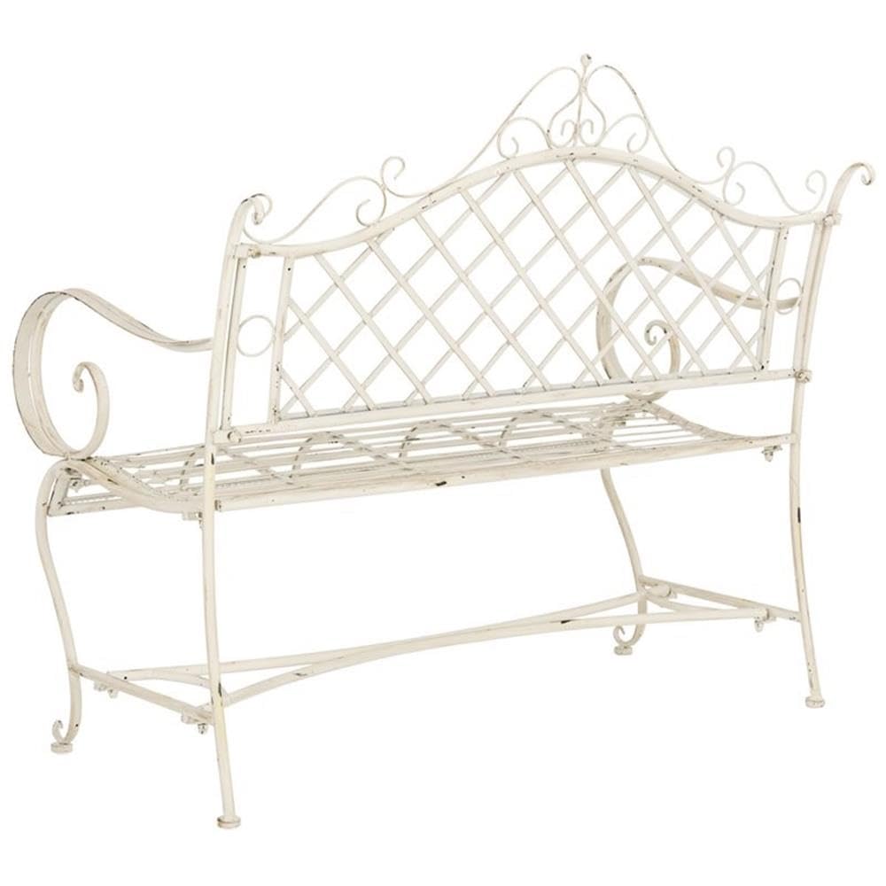 SAFAVIEH PAT5017A Collection Adina Antique White Wrought Iron 51.25" Outdoor Garden Bench SAFAVIEH