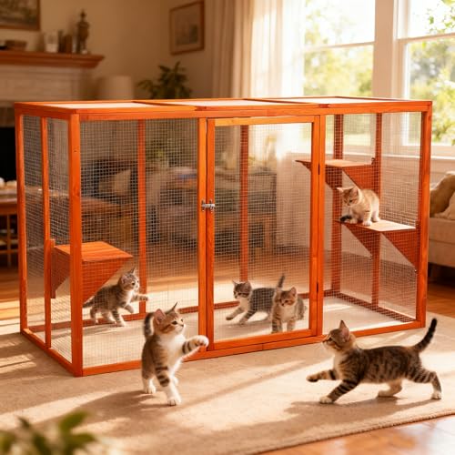Nyeekoy Catio Outdoor Cat Enclosure, 71" Large Catios for Cats Patio, Outside Cat Enclosures, Cattio with Waterproof Roof, Clearance Cat Cage for Multiple Cats, Orange Nyeekoy