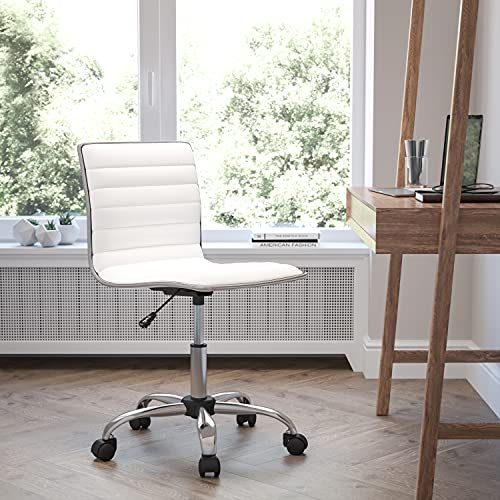 Flash Furniture Alan Low-Back Ribbed Upholstered Vinyl Swivel Desk Chair with Padded Seat, Modern Adjustable Height Padded Office Chair, White Flash Furniture