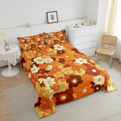 Boho Floral Bedding Set Full Retro Groovy Flowers Down Comforter 60S 70S Hippie Flower Power Comforter Set For Kids Girls Women Groovy Natural Garden Botanical Quilt Duvet 2 Pillow Cases Orange Brown Erosebridal