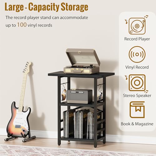 YAKANJ Record Player Stand with Extended Desktop,Large Record Player Table with Vinyl Storage,Turntable Stand with Record Holder Vinyls Display Shelf for Music Room Studio,Modern Black YAKANJ