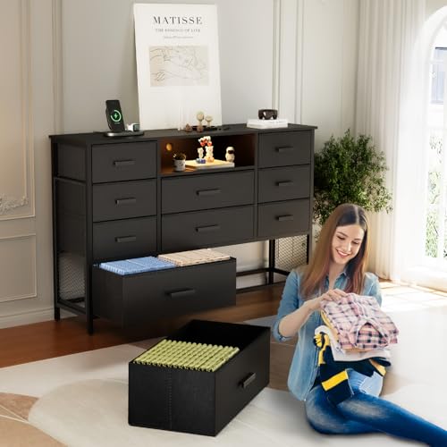 Harpaq Dresser with Charging Station, Black Dresser for Bedroom with 10 Drawers, TV Stand Dresser with LED Light for 55" TV, Fabric Drawer Dresser with PU Finish, Chest Dresser for Bedroom, Closet Harpaq