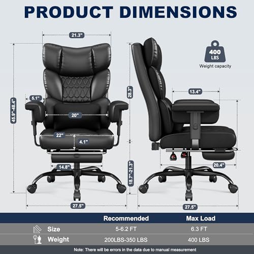 Misolant Big and Tall Office Chair with Footrest, High Back Executive Desk Chair with Adjustable Lift Armrest, 155°Recline,Lumbar Support Pillow, Faux Leather Gaming Chairs for Home or Office Black Misolant