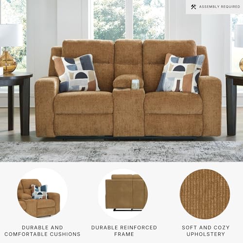 Signature Design by Ashley Kanlow Contemporary Manual Double Reclining Loveseat with Console, Storage, Cup Holders and 2 Accent Pillows, Light Brown Signature Design by Ashley
