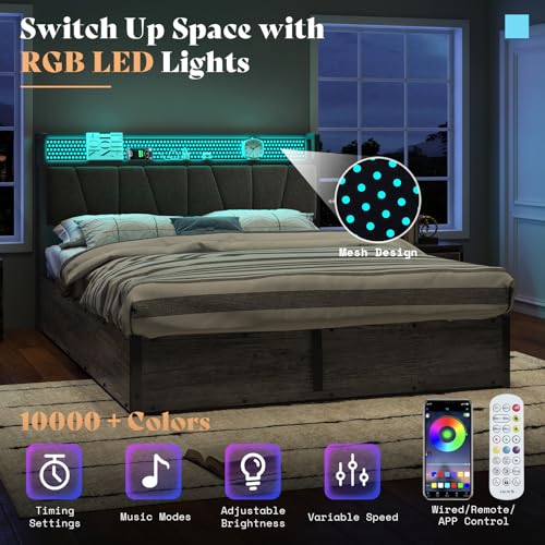 AMERLIFE Queen Size Lift Up Bed Frame with Linen Upholstered & LED Light & Storage Headboard, Platform Bed Frame with Charging Station, No Box Spring Needed, Noisy Free, Rustic Grey AMERLIFE