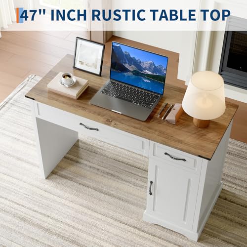 IDEALHOUSE Farmhouse 47" Executive Desk, Computer Desk with Drawers and Storage Cabinet, Home Office Desk for Work and Study, Rustic Workstation Computer Desks or Bedroom, Living Room, Antique White IDEALHOUSE