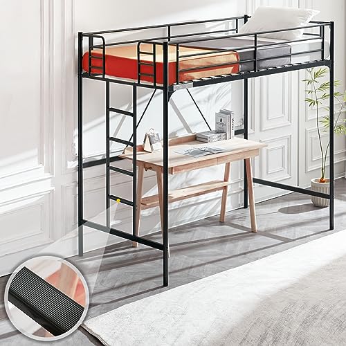 Bonnlo Metal Loft Bed with Stairs and Flat Rung, Junior Bed Full Size High Loft Bed for Kids/Teens/Adults, No Box Spring Required, Black Bonnlo