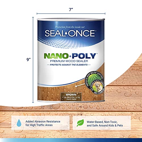 Seal-Once Nano+Poly Penetrating Wood Sealer with Polyurethane - Premium Waterproof Sealant -1 Gallon & Brown Seal-Once
