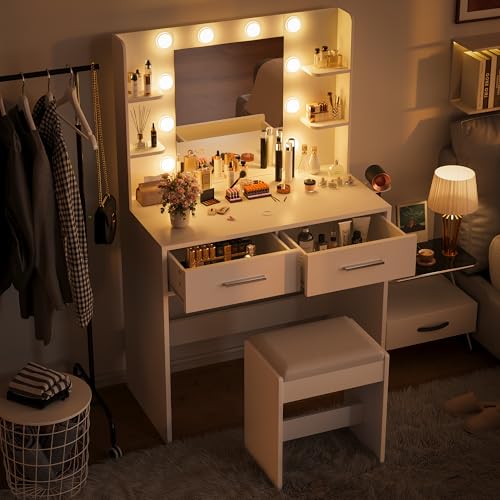 Furmax Make up Vanity Desk with Mirror and Power Outlet, Vanity with 3 Color Light Options Adjustable Brightness,Vanity Desk with 2 Drawers, 6 Storage Shelves (White, No Bench) Furmax