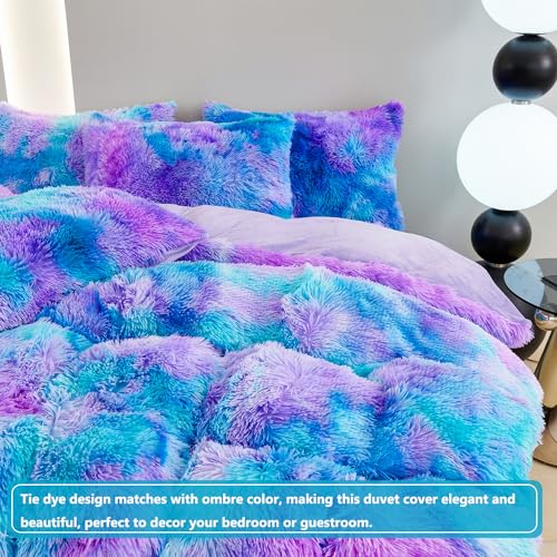 SUCSES Blue Purple Fluffy Twin Bedding Sets for Girls 3Pcs Faux Fur Plush Shaggy Kids Duvet Cover Set Twin Size Tie Dye Velvet Furry Comforter Cover Set SUCSES