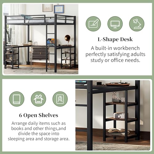 Sailret Full Metal Loft Bed with L-Shaped Desk and Shelves, Full Bed Frame with Ladder and Full-Length Guardrails, Space-Saving Bed for Bedroom, Black with Vintage Wood Desk Sailret