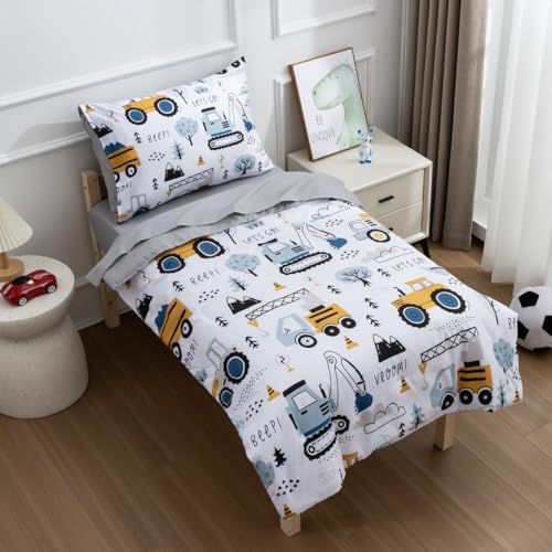 NTBED 4 Pieces Construction Toddler Bedding Set for Baby Boys,Tree Truck Vehicles Excavator Cars Printed, Includes Comforter, Flat Sheet, Fitted Sheet and Pillowcase,Light Grey NTBED
