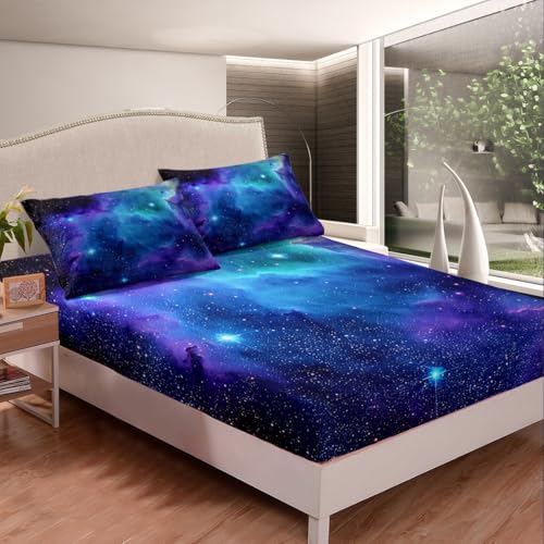 Feelyou Galaxy Sheet Set King Size Out Space Bedding Blue Nebula Universe 100% Microfiber Deep Pockets Bed Sheets 4 Pcs - 1 Falt& 1 Fitted Sheets with 2 Pillow Shams Feelyou