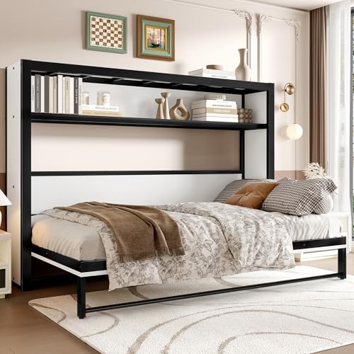 JIVOIT Twin Size Murphy Bed, Metal Wall Bed with Integrated Shelf for Storage & Decor, Space-Saving Metal Foldable Platform Bed, No Spring Box Needed (White//7) JIVOIT