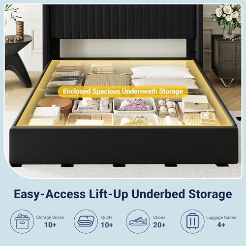 Allewie Queen Size Lift Up Storage Bed Frame, Hydraulic Support System, Upholstered Platform Bed Frame, Underneath Storage, Vertical Channel Tufted Headboard with Wingback, No Box Spring Needed, Black Allewie
