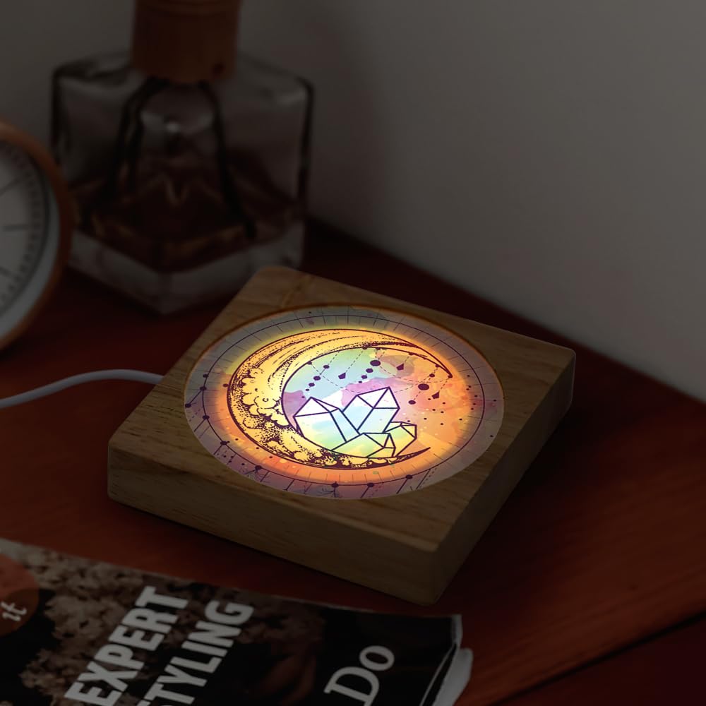 PYD Life 6 Pack Sublimation Night Lights Blanks LED Glass Photo Frames Panels White 3.5" Round with Warm Light,with 3.9" Square Wooden Display Base for Heat Press Machine Printing PYD Life