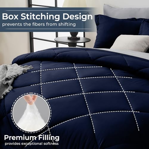 HEVUMYI Full Comforter Set - 7-Piece All Season Bed in a Bag Full, Ultra Soft Bedding Set with Comforter, Flat Sheet, Fitted Sheet, Pillowcases, Pillow Shams, Navy Blue & Light Grey HEVUMYI