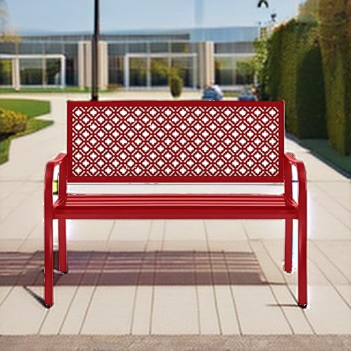 Best Choice Products Outdoor Bench 2-Person Metal Steel Benches Furniture for Garden, Patio, Porch, Entryway w/Geometric Backrest, 790lb Capacity - Rose Red Best Choice Products