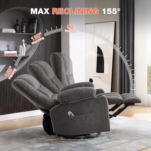Massage Swivel Recliner Chair with Vibration Massage and Lumbar Heating for Adults,Oversized Rocker Recliner Single Sofa with Side Pocket,Two Cup Holders and USB Charge Port for Living Room