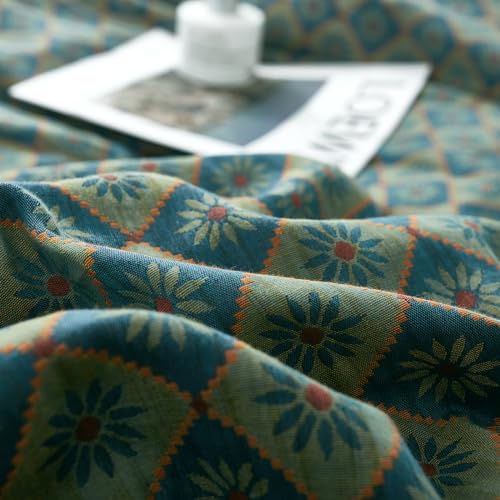 VM VOUGEMARKET Linen Cotton Duvet Cover Queen,3 Pcs Yarn-Dyed Textured Duvet Cover Set Green Flower Geometric Bedding Set,Ultra Soft and Breathable Comforter Cover Set VM VOUGEMARKET