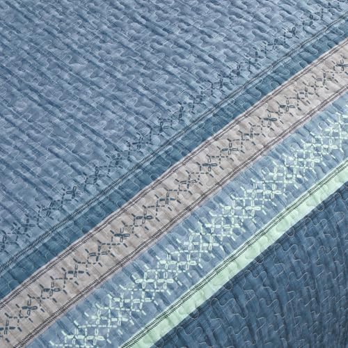 Menghomeus Blue Quilt Set King Size, 3 Pieces Striped Patchwork Quilted Bedding Sets, Soft Lightweight King Bedspreads Coverlets Bedding Set for All Seasons 104"x90" Menghomeus