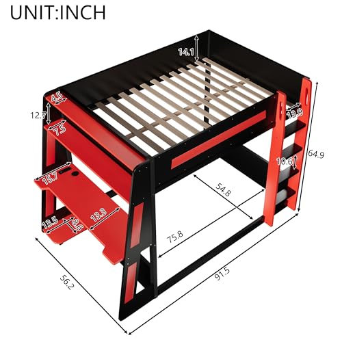 Polibi Full Over Full Bunk Bed with Built-in Desk, 2 Storage Shelves, USB & LED Lights, Solid Wood Frame, Gaming Loft Bed, Black+Red Polibi