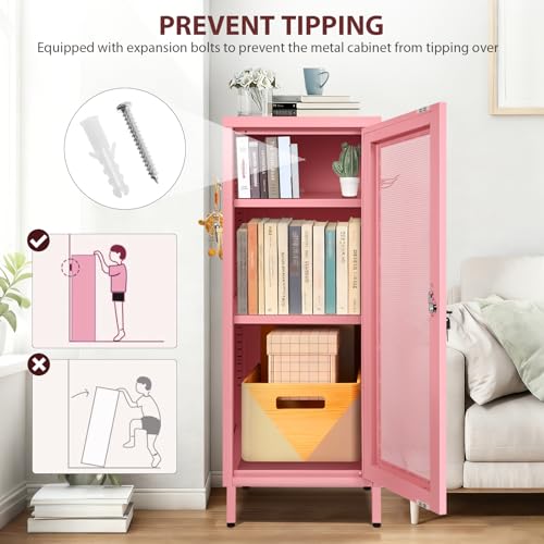 Metal Storage Cabinet, 39.37" H Small Pink Metal Locker Cabinets with Lockable Mesh Door and Handle, 2 Adjustable Shelves, 2 Pegboards & 6 Hooks for Home, Office, Bedroom, Kitchen, Assembly Required ANGELBECKE